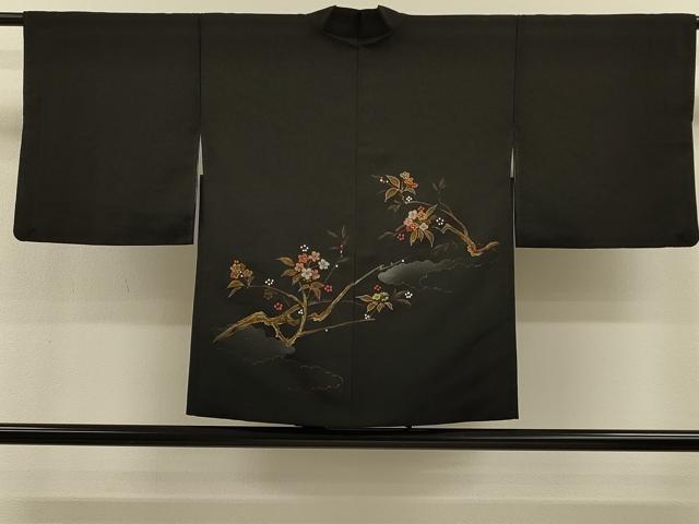 平和屋着物#羽織 寿光織 雲重ね枝花文 黒地 金糸 正絹 逸品 CABI6001in