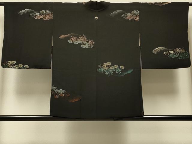 平和屋着物#羽織 寿光織 雲取り草花文 黒地 銀糸 正絹 逸品 CABI6007in