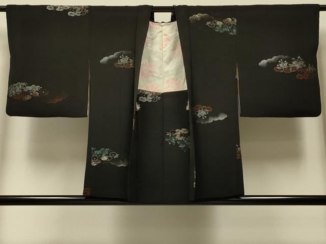 平和屋着物#羽織 寿光織 雲取り草花文 黒地 銀糸 正絹 逸品 CABI6007in