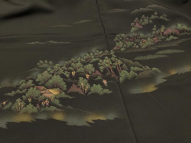 平和屋着物#羽織 仮絵羽 寿光織 人物風景文 黒地 金糸 正絹 逸品 未使用 CABI6023in