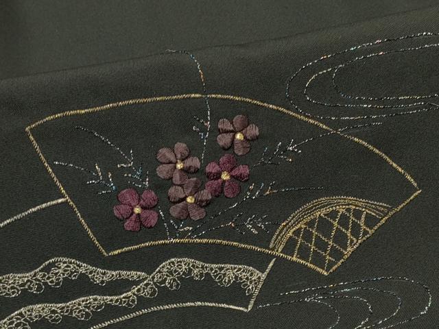 平和屋着物#羽織 総刺繍 流水地紙花文 黒地 金銀糸 正絹 逸品 CABI6060in
