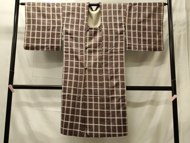 平和屋着物#道行コート 雨コート 単衣 格子 ロング丈 正絹 逸品 CABI6074in