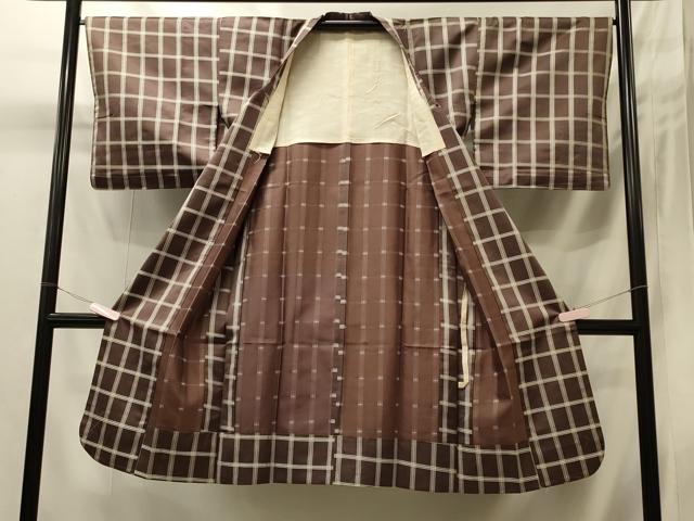 平和屋着物#道行コート 雨コート 単衣 格子 ロング丈 正絹 逸品 CABI6074in