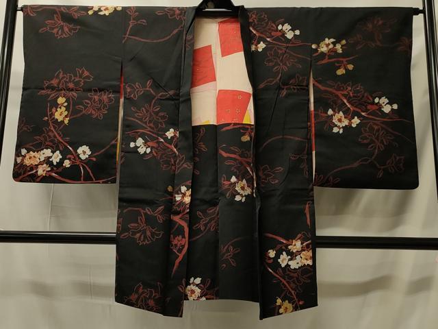 平和屋着物#長羽織 寿光織 枝花文 黒地 金糸 正絹 逸品 CABI6093in