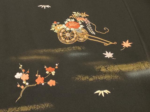 平和屋着物#羽織 駒刺繍 御所車花文 黒地 金銀彩 正絹 逸品 未使用 CABI6094in