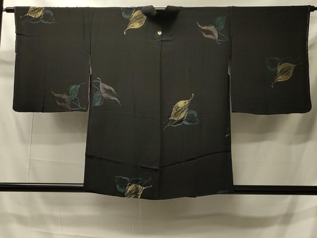 平和屋着物#羽織 寿光織 亀甲舞葉文 黒地 金糸 正絹 逸品 未使用 CABI6123in