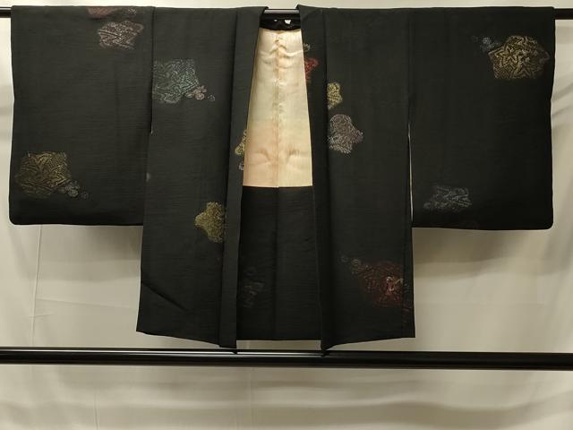 平和屋着物#羽織 寿光織 草花文 黒地 金銀糸 正絹 逸品 CABI6125in