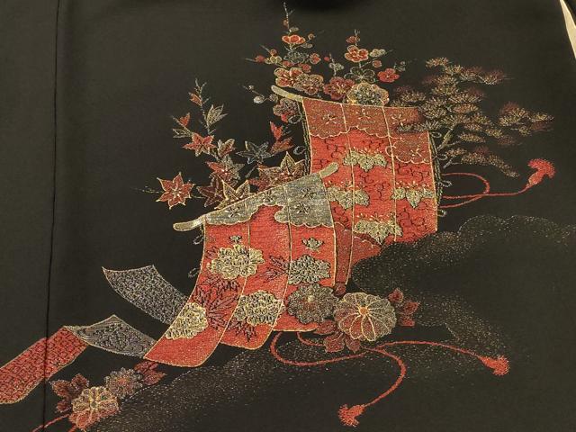 平和屋着物#羽織 寿光織 屏風草花文 黒地 金銀糸 正絹 逸品 CABI6129in