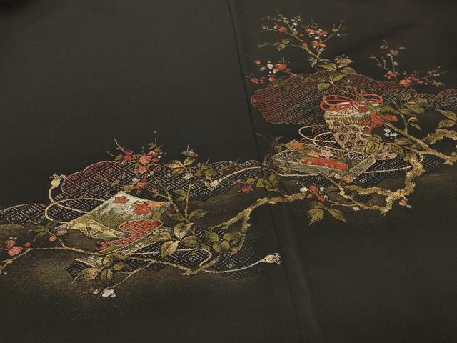 平和屋着物#羽織 仕覆枝花文 黒地 金銀糸 正絹 逸品 未使用 CABI6130in