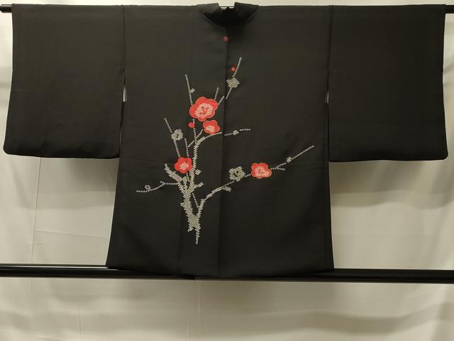 平和屋着物#羽織 駒刺繍 枝梅文 黒地 金糸 正絹 逸品 CABI6132in