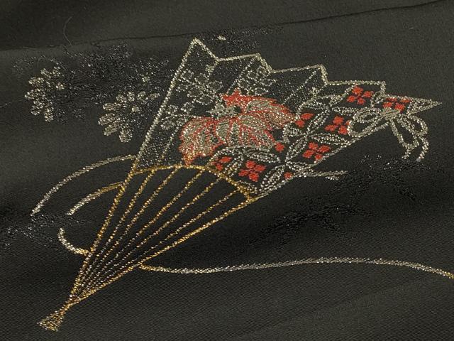 平和屋着物#羽織 寿光織 御所車扇面花文 黒地 金銀糸 正絹 逸品 CABI6149in