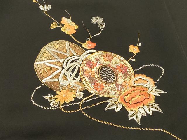 平和屋着物#羽織 駒刺繍 総刺繍 鼓草花文 黒地 金銀糸 正絹 逸品 CABI6150in