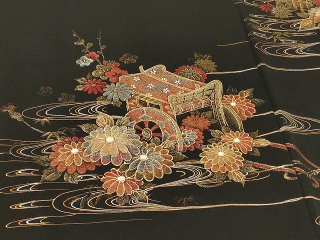 平和屋着物#羽織 寿光織 流水御所車花文 黒地 金銀糸 正絹 逸品 CABI6166in