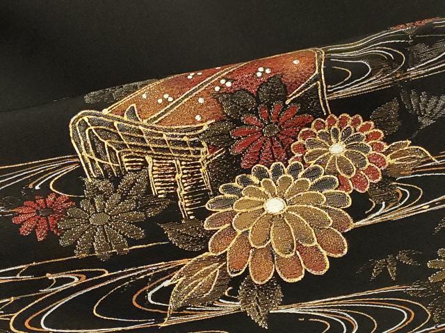 平和屋着物#羽織 寿光織 流水御所車花文 黒地 金銀糸 正絹 逸品 CABI6166in