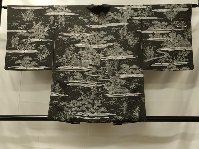平和屋着物#羽織 流水草花文 黒地 正絹 逸品 未使用 CABI6167in