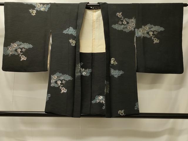 平和屋着物#羽織 寿光織 吉祥草花文 黒地 銀糸 正絹 逸品 CABI6169in