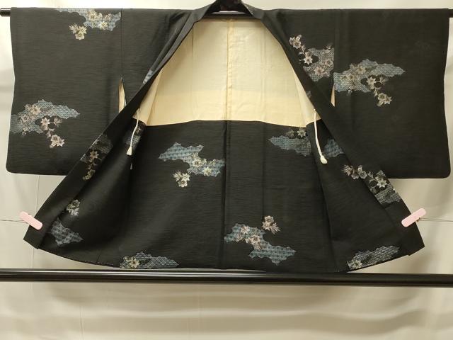 平和屋着物#羽織 寿光織 吉祥草花文 黒地 銀糸 正絹 逸品 CABI6169in