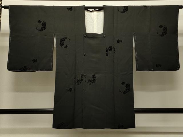 平和屋着物∞道行コート 輪奈ビロード 葡萄蔦の葉文 黒地 正絹 逸品 未使用 CABI6221in