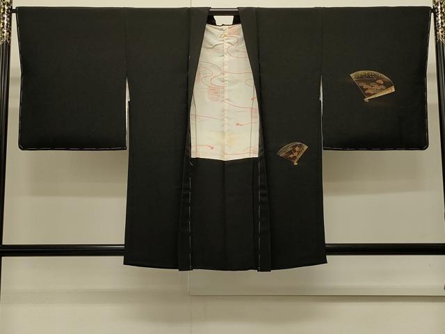 平和屋着物∞羽織 刺繍 扇面花鳥文 黒地 金彩 正絹 逸品 未使用 CABI6238in