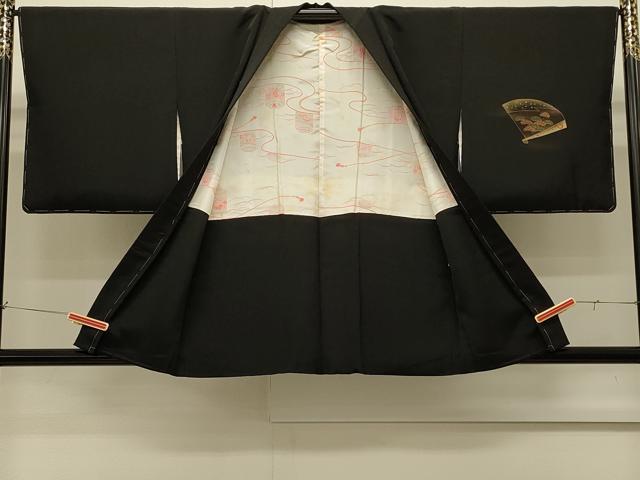 平和屋着物∞羽織 刺繍 扇面花鳥文 黒地 金彩 正絹 逸品 未使用 CABI6238in