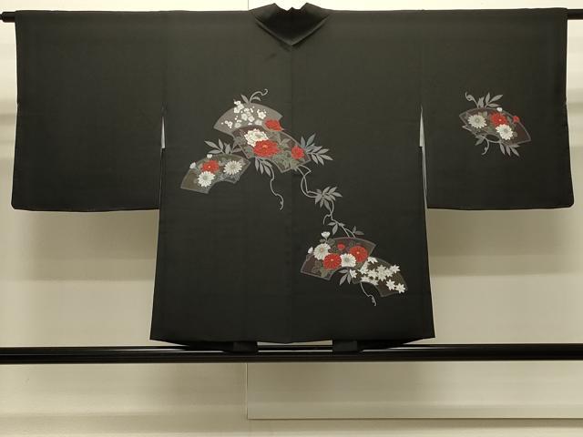 平和屋着物∞羽織 地紙草花文 黒地 正絹 逸品 CABI6242in
