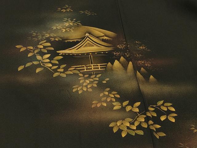 平和屋着物∞羽織 風景枝葉文 黒地 金彩 正絹 逸品 CABI6243in