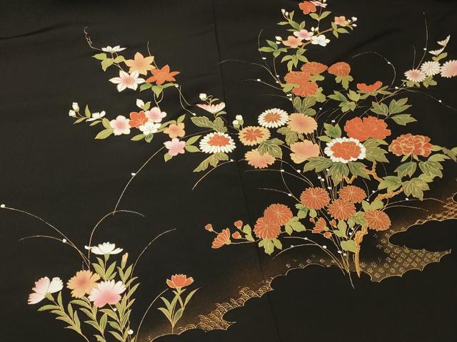 平和屋着物#羽織 草花文 黒地 金彩 正絹 逸品 CABI6275in