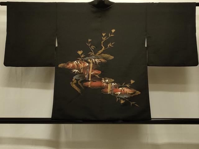 平和屋着物#羽織 雲取り笹竹花文 黒地 金銀彩 正絹 逸品 CABI6314in