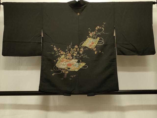 平和屋着物#羽織 寿光織 絵巻枝花文 黒地 金銀糸 正絹 逸品 CABI6335in