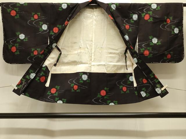 平和屋着物#羽織 久留米絣 流水草花文 黒地 綿 逸品 未使用 CABI6342in