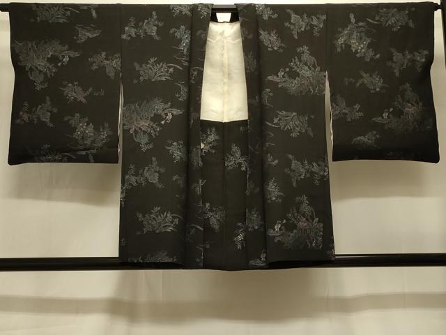 平和屋着物#羽織 寿光織 風景草花文 黒地 金糸 正絹 逸品 CABI6391in