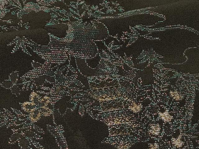 平和屋着物#羽織 寿光織 風景草花文 黒地 金糸 正絹 逸品 CABI6391in