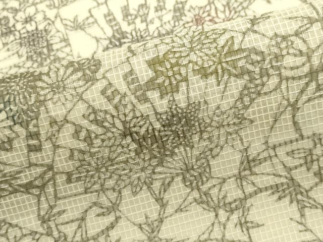 平和屋着物*夏物 小紋・浴衣兼用 絹紅梅 松煌染 檜扇草花文 反端付き 絹綿 逸品 CABI6454ou