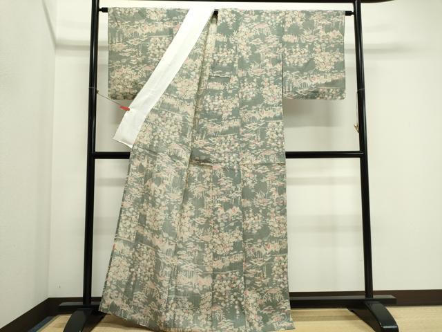 平和屋着物*夏物 小紋 本場小千谷ちぢみ 東京染 茶屋辻小紋 風景文 反端付き 正絹 逸品 CABI6479ou