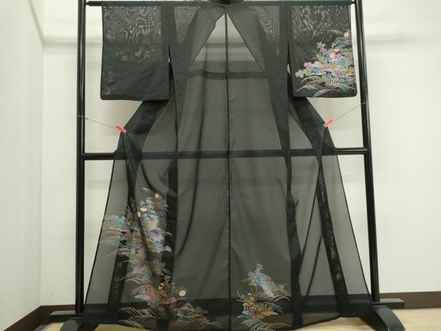 平和屋着物*夏物 訪問着 絽 立波風景文 黒地 金銀彩 洗える着物 CABI6489ou
