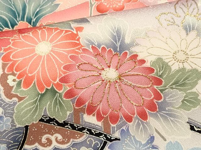 平和屋着物■豪華振袖 駒刺繍 檜扇花車文 暈し染め 金銀彩 正絹 逸品 CABI6611ou