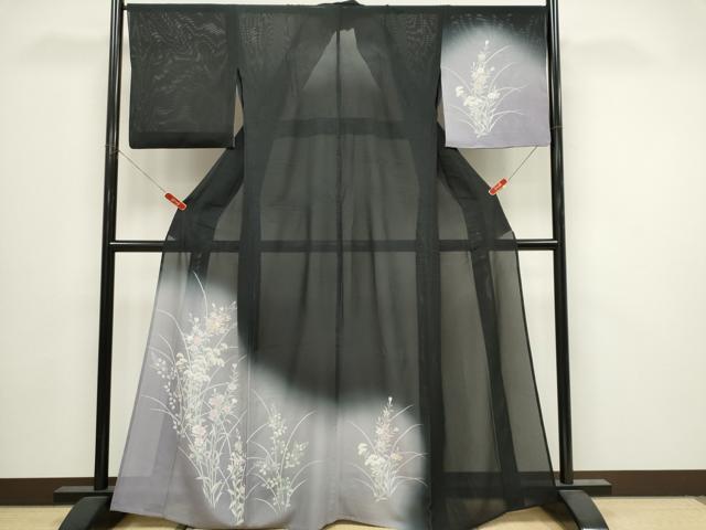 平和屋着物*夏物 訪問着 絽 草花文 暈し染め 黒地 正絹 逸品 CABI6686ou