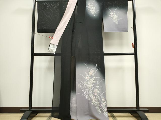 平和屋着物*夏物 訪問着 絽 草花文 暈し染め 黒地 正絹 逸品 CABI6686ou