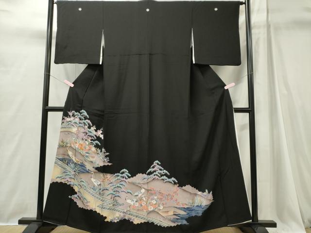 平和屋着物■豪華黒留袖 駒刺繍 群鶴風景文 正絹 逸品 CABI6719ou