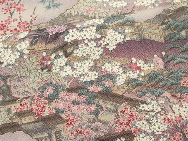 平和屋着物■上質な小紋 人物風景花文 鬼しぼ縮緬 正絹 逸品 CABI6779ou