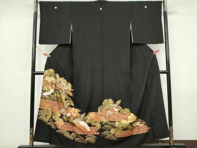 平和屋着物■豪華黒留袖 駒刺繍 立波飛鶴吉祥花文 金銀彩 正絹 逸品 CABI6786ou