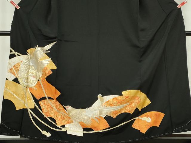 平和屋着物■豪華黒留袖 刺繍 尾長鳥地紙吉祥花文 金彩 正絹 逸品 CABI6787ou