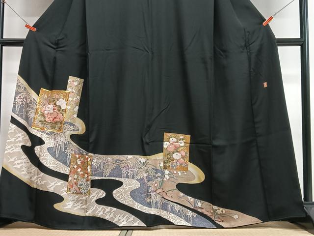 平和屋着物■豪華黒留袖 作家物 駒刺繍 流水色紙草花文 金彩 正絹 逸品 CABI6801xe