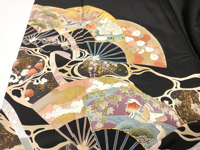 平和屋着物■豪華黒留袖 駒刺繍 扇面花鳥文 金彩 正絹 逸品 CABI6816xe