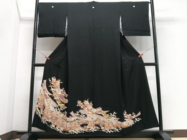平和屋着物■豪華黒留袖 駒刺繍 短冊花鳥文 暈し染め 金彩 正絹 逸品 CABI6823xe