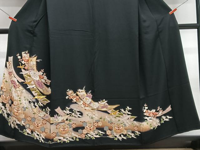 平和屋着物■豪華黒留袖 駒刺繍 短冊花鳥文 暈し染め 金彩 正絹 逸品 CABI6823xe