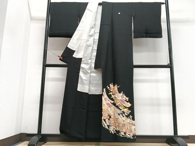 平和屋着物■豪華黒留袖 駒刺繍 短冊花鳥文 暈し染め 金彩 正絹 逸品 CABI6823xe