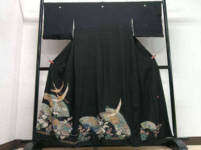 平和屋着物■世界的ファッションデザイナー 山本寛斎 kansaiブランド 黒留袖 飛鶴地紙花文 暈し染め 金彩 正絹 逸品 CABI6829xe