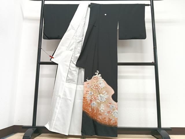 平和屋着物■黒留袖 草花文 暈し染め 金彩 洗える着物 CABI7014xe