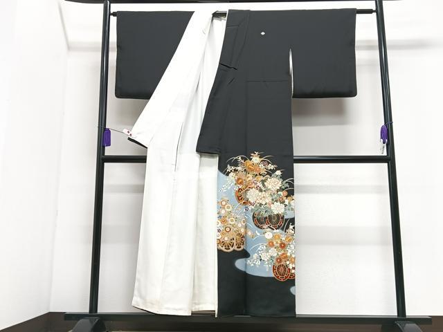 平和屋着物■豪華黒留袖 駒刺繍 花車文 暈し染め 金彩 正絹 逸品 CABI7077xe